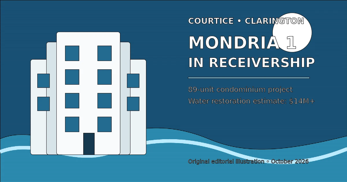 Editorial illustration of the Mondria 1 condominium project in Courtice under receivership